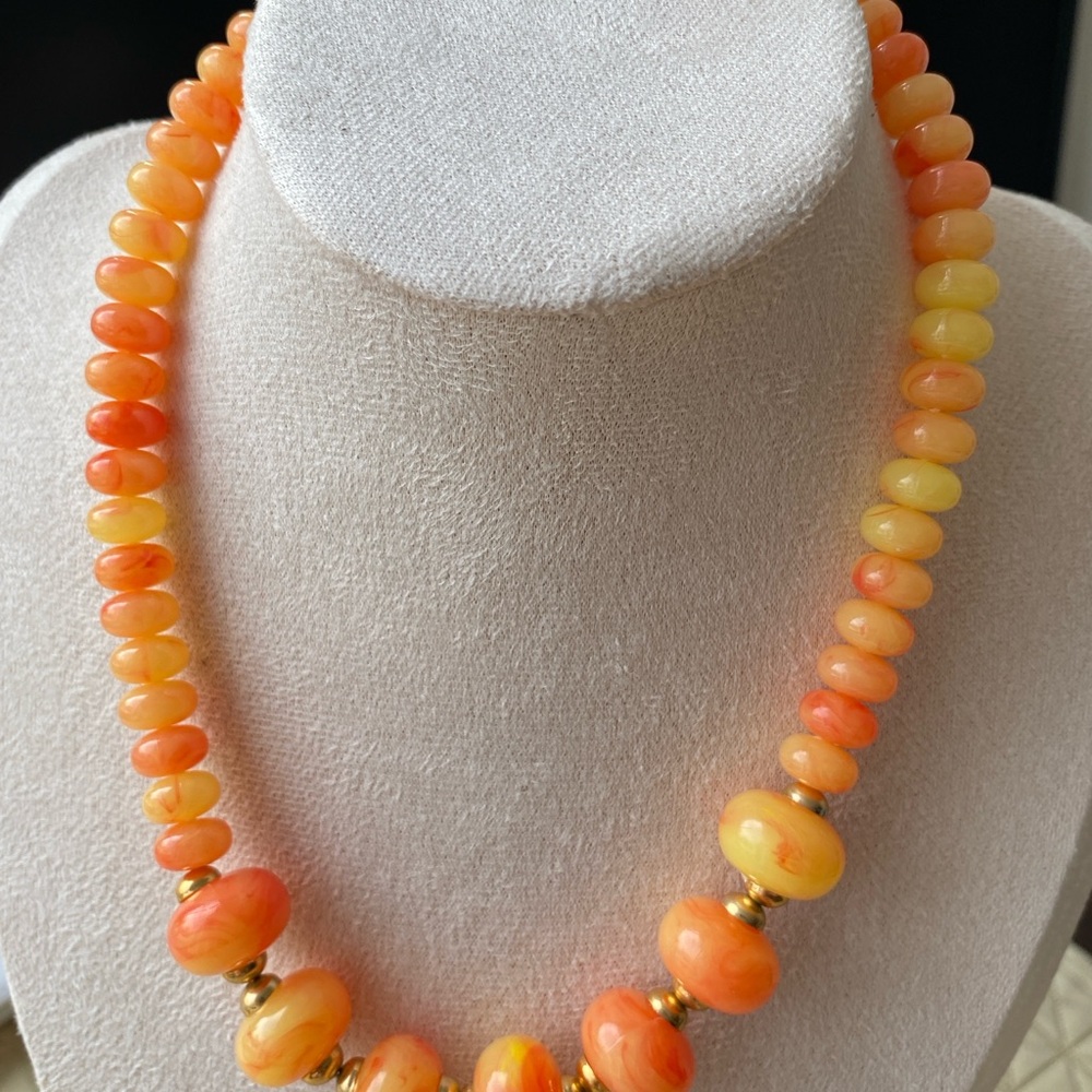 Vintage Bakelite Catalin Necklace Orange Yellow Swirl UV Tested 1930s